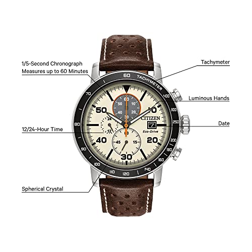 Citizen Men Eco-Drive Brycen Chronograph Watch Stainless Steel Brown Leather Strap Ivory Dial CA0649-06X