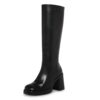 SOVANYOU Black Leather Platform Knee High Boots Women Chunky Block Heel Square Toe Side Zip