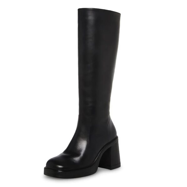SOVANYOU Black Leather Platform Knee High Boots Women Chunky Block Heel Square Toe Side Zip