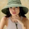 Women Wide Brim Sun Hat Ponytail Gardening Beach Summer Cotton Breathable Fold-Up Brim Green