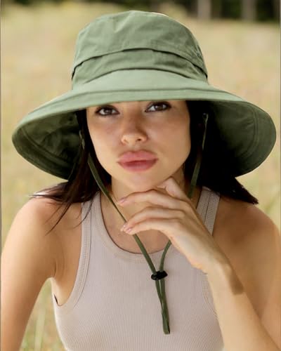 Women Wide Brim Sun Hat Ponytail Gardening Beach Summer Cotton Breathable Fold-Up Brim Green