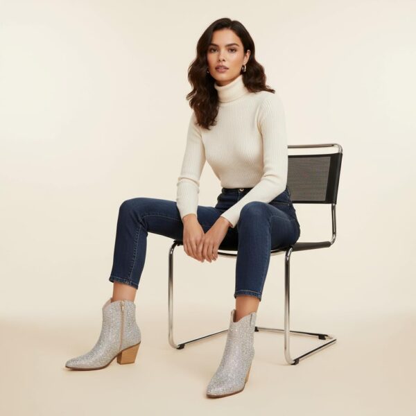 CUSHIONAIRE Bravo Rhinestone Western Cowboy Ankle Boots Women Memory Foam Wide Silver 9W