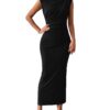BTFBM Women Ruched Bodycon Maxi Dress Sleeveless Slit Cocktail Wedding Guest Black M