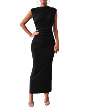 51P9j-ONIcL BTFBM Women Ruched Bodycon Maxi Dress Sleeveless Slit Cocktail Wedding Guest Black M