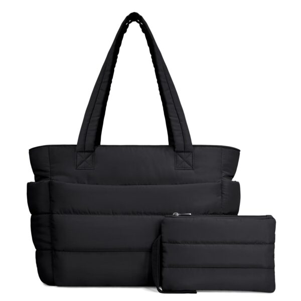 TOPDesign Women Puffer Tote Bag Lightweight Quilted Shoulder Handbag Compartments Cosmetic Bag Travel Work Gym Black M