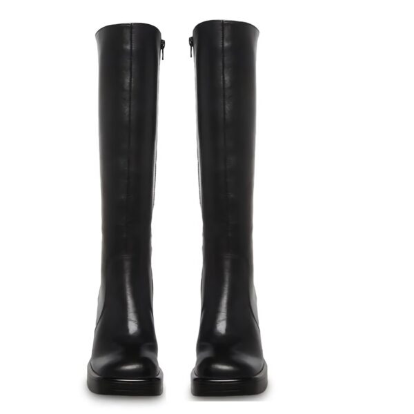 SOVANYOU Black Leather Platform Knee High Boots Women Chunky Block Heel Square Toe Side Zip