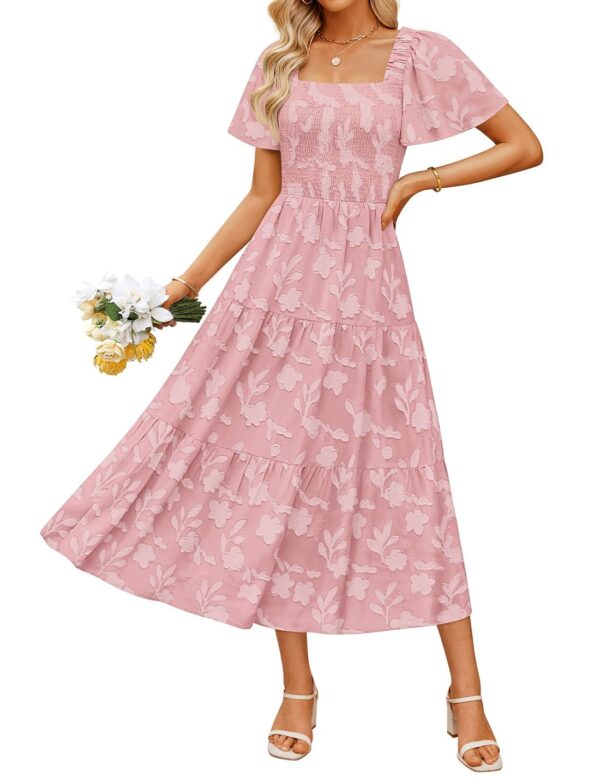 ZESICA Women Summer Boho Floral Midi Dress Short Sleeve Square Neck Beach Vacation Pink M