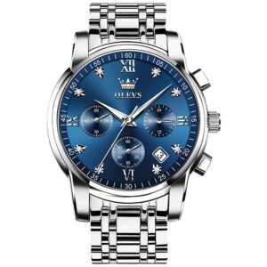 OLEVS Men Diamond Chronograph Watch Blue Dial Roman Numerals Stainless Steel Quartz Date Luminous Water Resistant