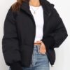6185D0Mu7GL Gihuo Women Winter Cropped Puffer Jacket Quilted Short Warm Coat Black S