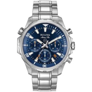 61+BJKMO+bL Bulova Men Marine Star Chronograph Quartz Watch Stainless Steel Blue Dial 96B256