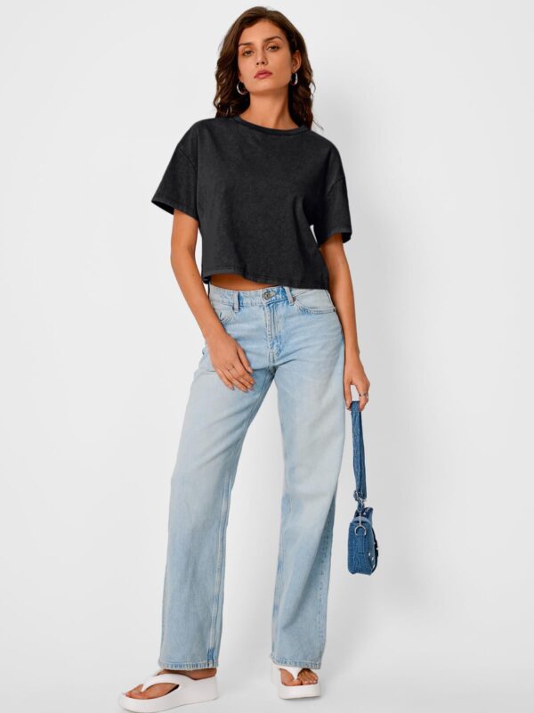 Trendy Queen Women Crop Top Short Sleeve T-Shirt Acid Wash Casual Workout Baggy Soft Black M