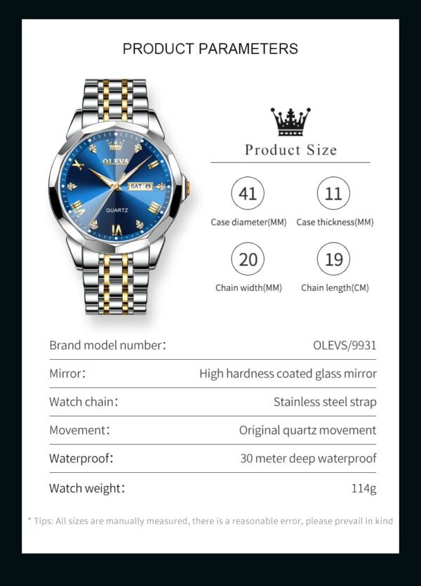 OLEVS Watch for Men Diamond Business Dress Analog Quartz Stainless Steel Waterproof Luminous Date Two Tone Luxury Casual Wrist Watch Blue Men