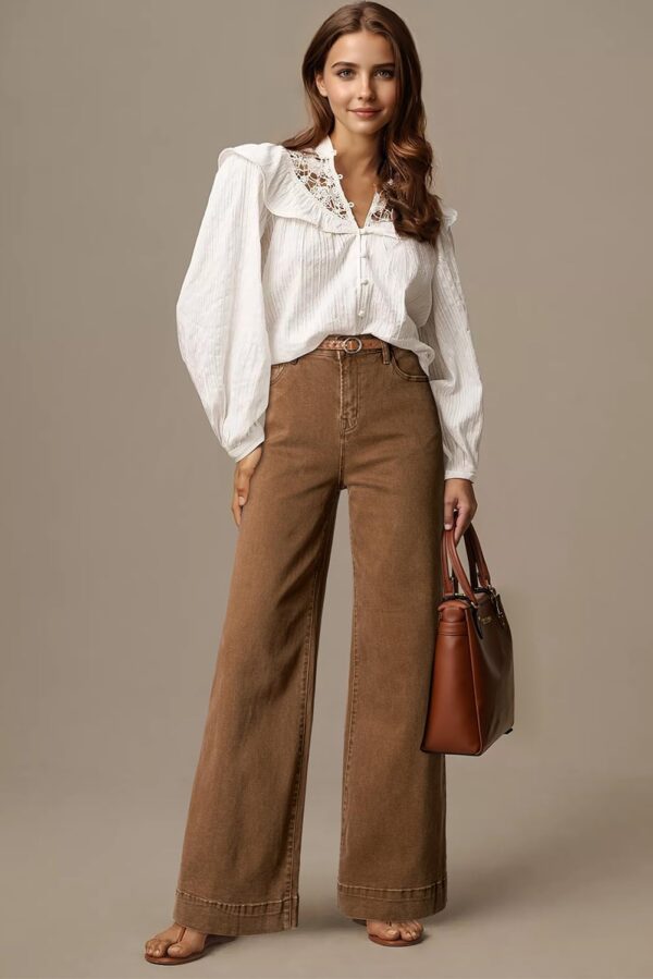 Dokotoo Women High Waisted Baggy Wide Leg Jeans Stretch Denim Brown 10