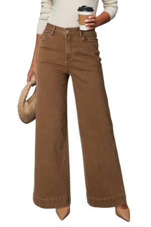 Dokotoo Women High Waisted Baggy Wide Leg Jeans Stretch Denim Brown 10