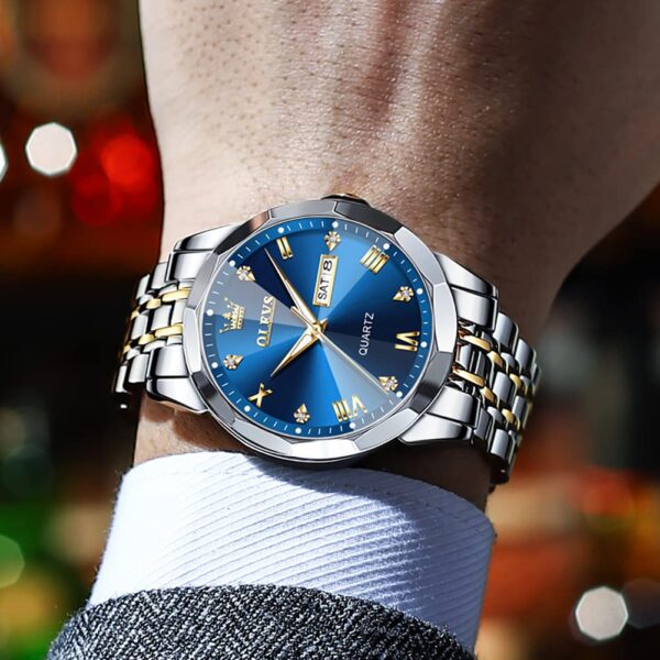 OLEVS Watch for Men Diamond Business Dress Analog Quartz Stainless Steel Waterproof Luminous Date Two Tone Luxury Casual Wrist Watch Blue Men