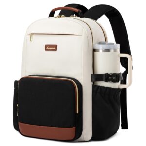 LOVEVOOK Women Laptop Backpack 15.6 Inch Waterproof Travel Work Business College Bag Cup Pocket Beige Black Brown