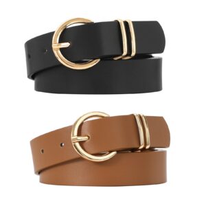 VONMELLI 2 Pack Women Leather Belts Jeans Pants Gold Buckle Black Brown M