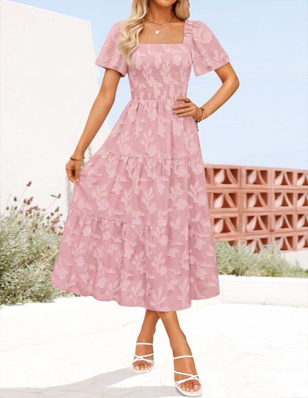 ZESICA Women Summer Boho Floral Midi Dress Short Sleeve Square Neck Beach Vacation Pink M