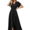 ZZV Women Formal Evening Cocktail Dress V Neck Wrap Ruffle Split Wedding Guest Black L