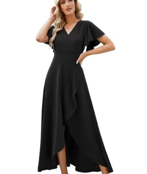 61wbcy3qmkL ZZV Women Formal Evening Cocktail Dress V Neck Wrap Ruffle Split Wedding Guest Black L