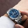 OLEVS Men Diamond Chronograph Watch Blue Dial Roman Numerals Stainless Steel Quartz Date Luminous Water Resistant