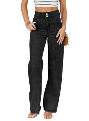 Sidefeel Women High Waisted Straight Leg Jeans Stretchy Tummy Control Ankle Denim Black 12