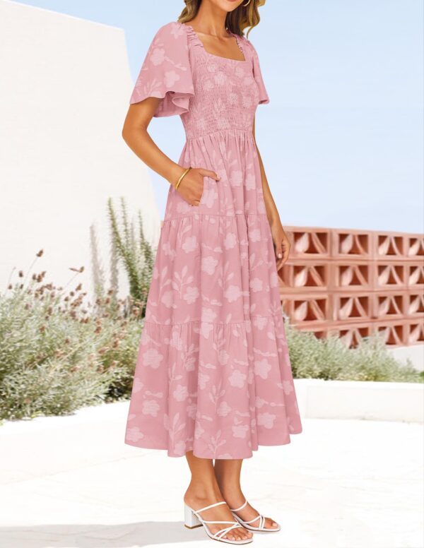 ZESICA Women Summer Boho Floral Midi Dress Short Sleeve Square Neck Beach Vacation Pink M