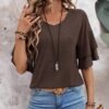 Sialois Women V Neck 3/4 Sleeve Top Ruffle Blouse Spring Summer Fashion Tunic Coffee Brown Large