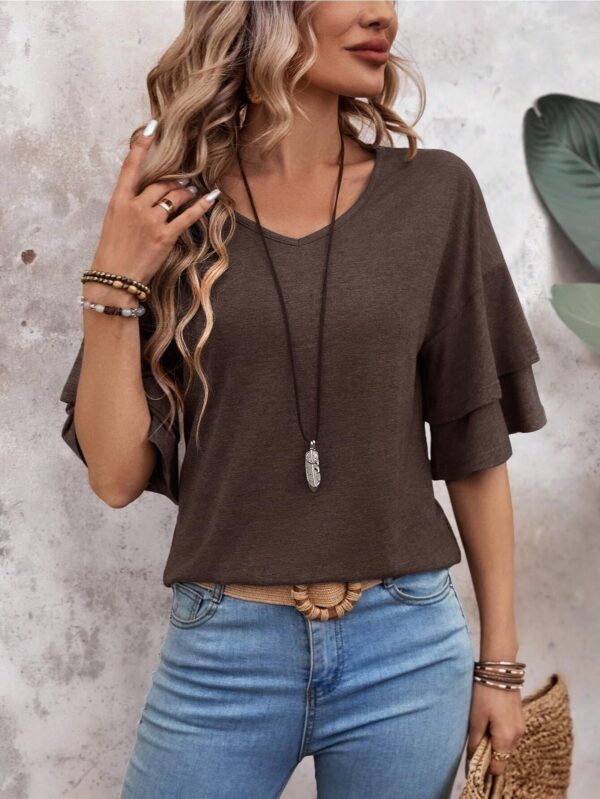Sialois Women V Neck 3/4 Sleeve Top Ruffle Blouse Spring Summer Fashion Tunic Coffee Brown Large