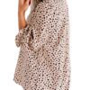 Avanova Women Leopard Print Ruffle Hem 3/4 Sleeve Mock Neck Work Blouse Beige Large