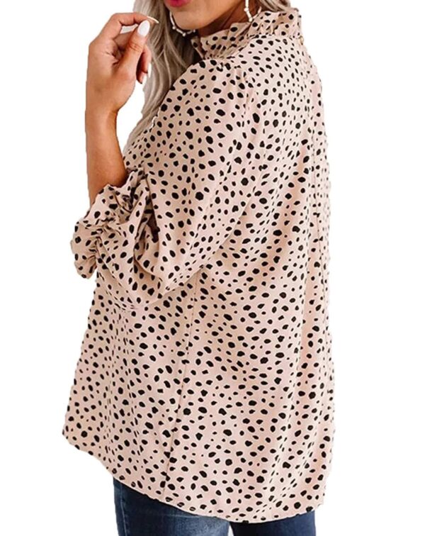 Avanova Women Leopard Print Ruffle Hem 3/4 Sleeve Mock Neck Work Blouse Beige Large