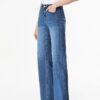 Sidefeel Women Wide Leg Jeans High Waisted Stretchy Raw Hem Denim Blue 12