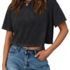 Trendy Queen Women Crop Top Short Sleeve T-Shirt Acid Wash Casual Workout Baggy Soft Black M