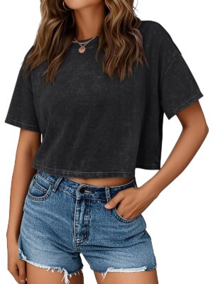 71ApbjDgh8L Trendy Queen Women Crop Top Short Sleeve T-Shirt Acid Wash Casual Workout Baggy Soft Black M
