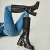 SOVANYOU Black Leather Platform Knee High Boots Women Chunky Block Heel Square Toe Side Zip