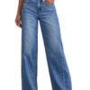 Sidefeel Women Wide Leg Jeans High Waisted Stretchy Raw Hem Denim Blue 12