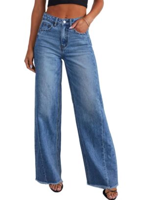 Sidefeel Women Wide Leg Jeans High Waisted Stretchy Raw Hem Denim Blue 12
