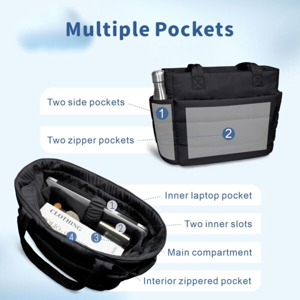 TOPDesign Women Puffer Tote Bag Lightweight Quilted Shoulder Handbag Compartments Cosmetic Bag Travel Work Gym Black M