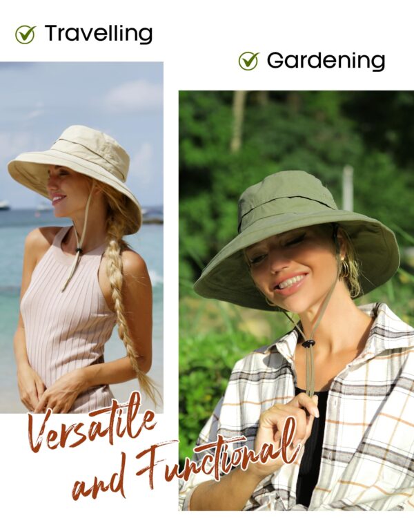 Women Wide Brim Sun Hat Ponytail Gardening Beach Summer Cotton Breathable Fold-Up Brim Green