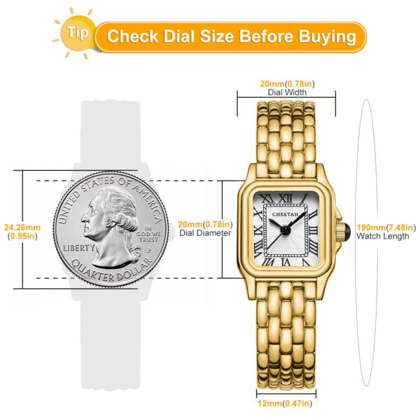 CHEETAH Women Vintage Bracelet Watch Gold White Face Rectangular Case Roman Dial