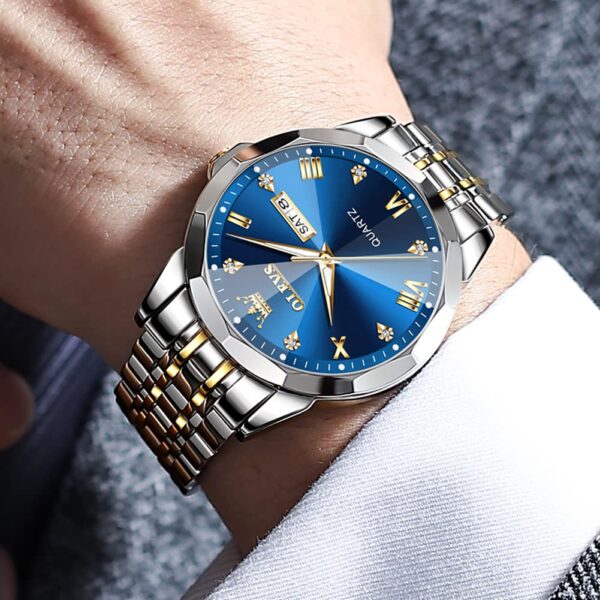 OLEVS Watch for Men Diamond Business Dress Analog Quartz Stainless Steel Waterproof Luminous Date Two Tone Luxury Casual Wrist Watch Blue Men