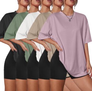 71Ng1AFabcL Kinglaman 5 Pack Women Oversized T Shirts Crew Neck Loose Fit Short Sleeve Workout Plus Size Black White Army Green Khaki Dark Pink L