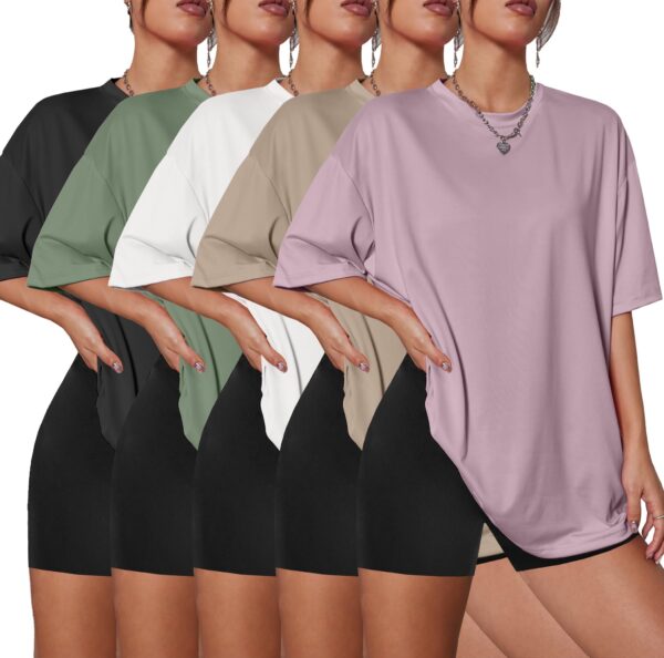 71Ng1AFabcL Kinglaman 5 Pack Women Oversized T Shirts Crew Neck Loose Fit Short Sleeve Workout Plus Size Black White Army Green Khaki Dark Pink L
