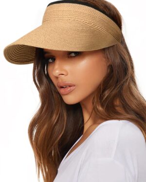 FURTALK Women Straw Sun Visor Hat Packable Ponytail Beach Travel UPF 80+ Khaki