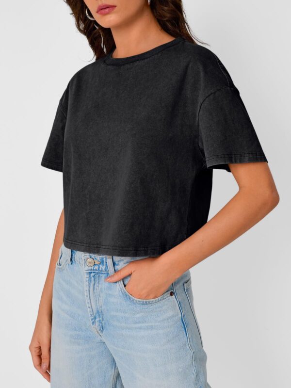 Trendy Queen Women Crop Top Short Sleeve T-Shirt Acid Wash Casual Workout Baggy Soft Black M