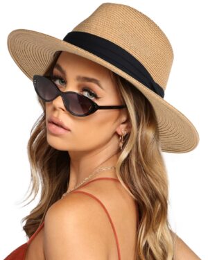 FURTALK Women Men Wide Brim Straw Panama Fedora Hat Summer Beach UPF Khaki