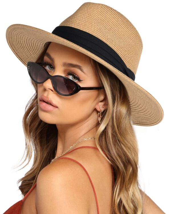 71YStBBGR5L FURTALK Women Men Wide Brim Straw Panama Fedora Hat Summer Beach UPF Khaki
