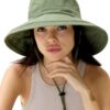 Women Wide Brim Sun Hat Ponytail Gardening Beach Summer Cotton Breathable Fold-Up Brim Green