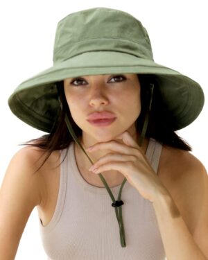 Women Wide Brim Sun Hat Ponytail Gardening Beach Summer Cotton Breathable Fold-Up Brim Green