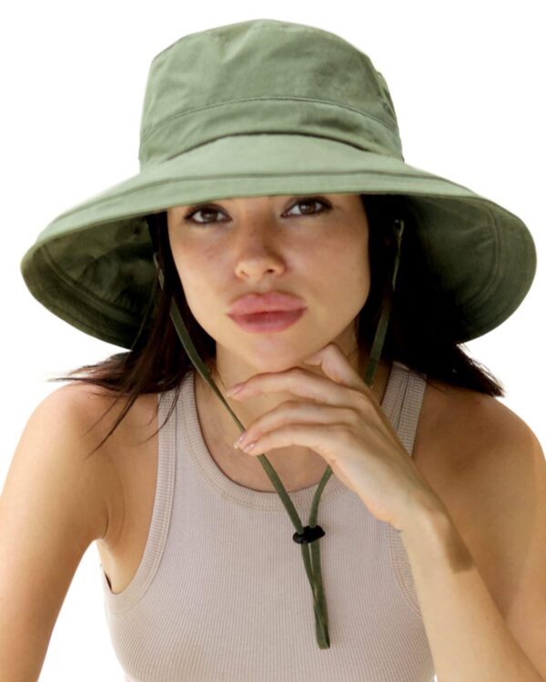 Women Wide Brim Sun Hat Ponytail Gardening Beach Summer Cotton Breathable Fold-Up Brim Green